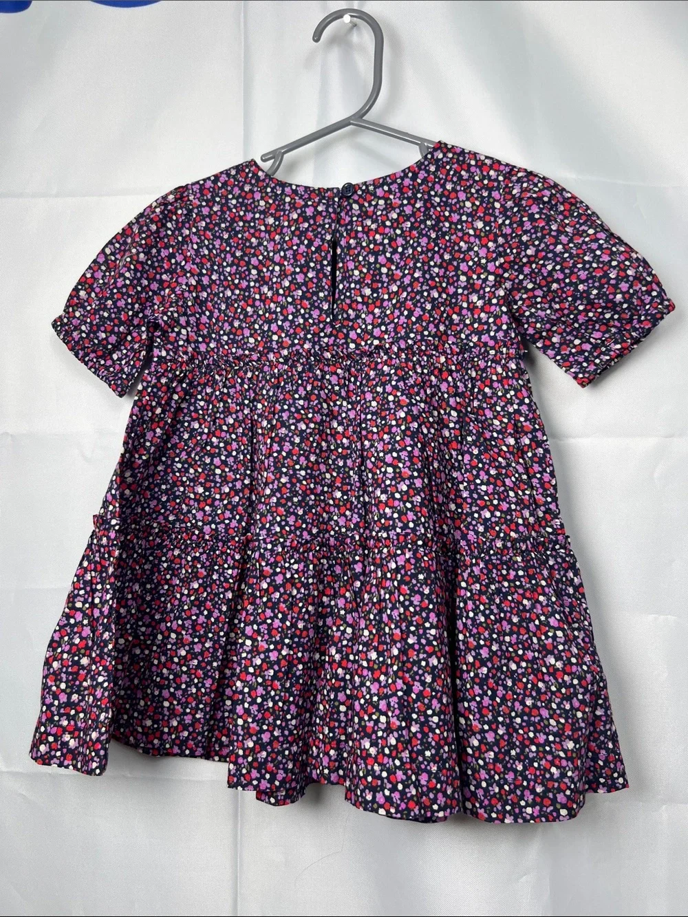 Baby GAP navy and purple floral print tiered ruffle puff sleeve cotton dress NWT